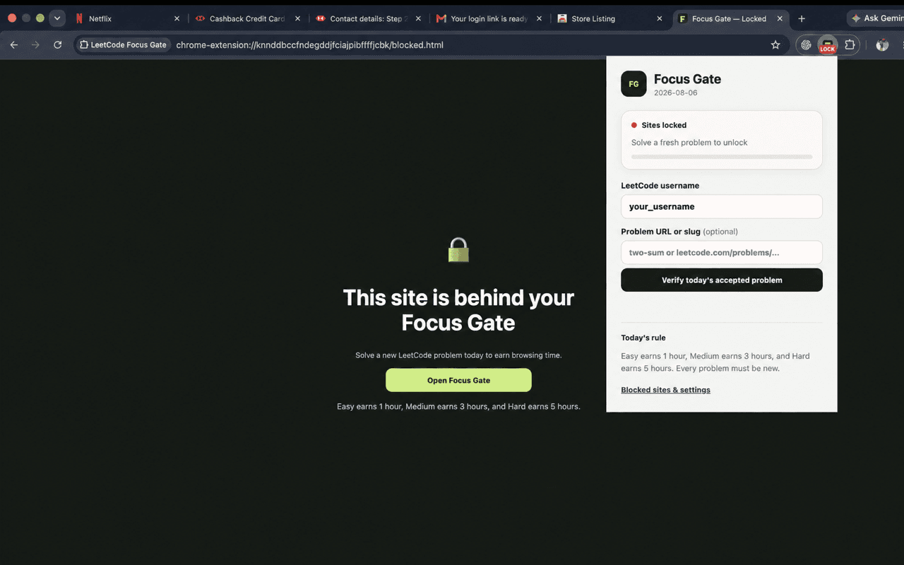 Focus Gate lock screen with its browser extension popup
